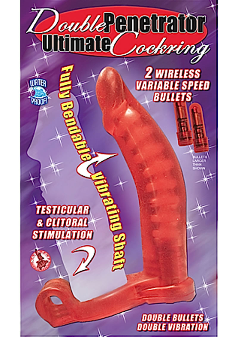 Double Penetrator Cockring With 2 Variable Speed Wireless Bullets Red