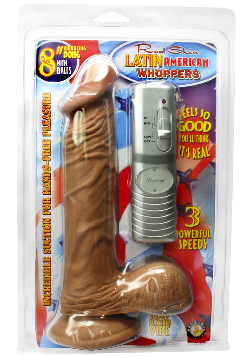 Real Skin Latin American Whoppers Vibrating Dong With Balls 8 Inch Brown