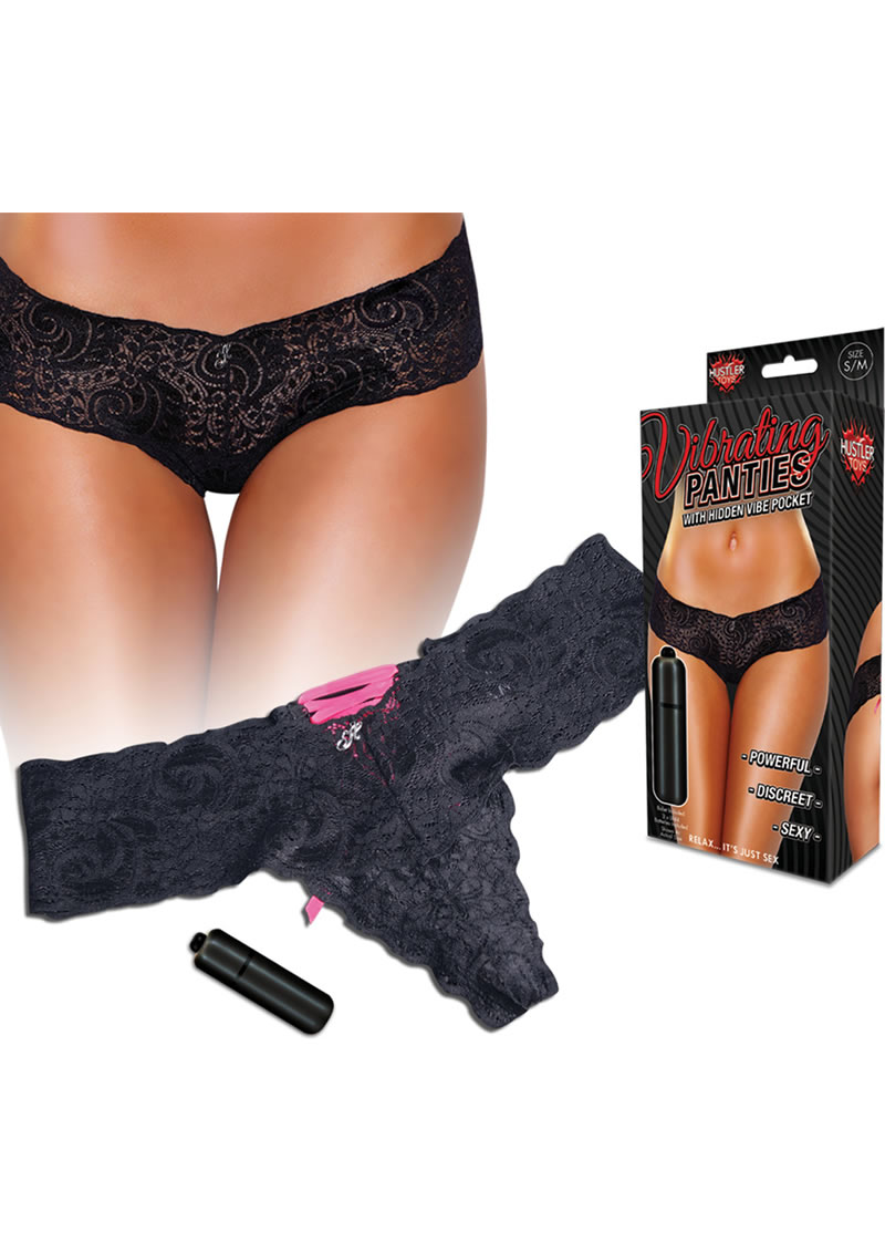 Hustler Toys Vibrating Panties Lace Up Back Thong With Hidden Vibe Pocket Black Medium/Large