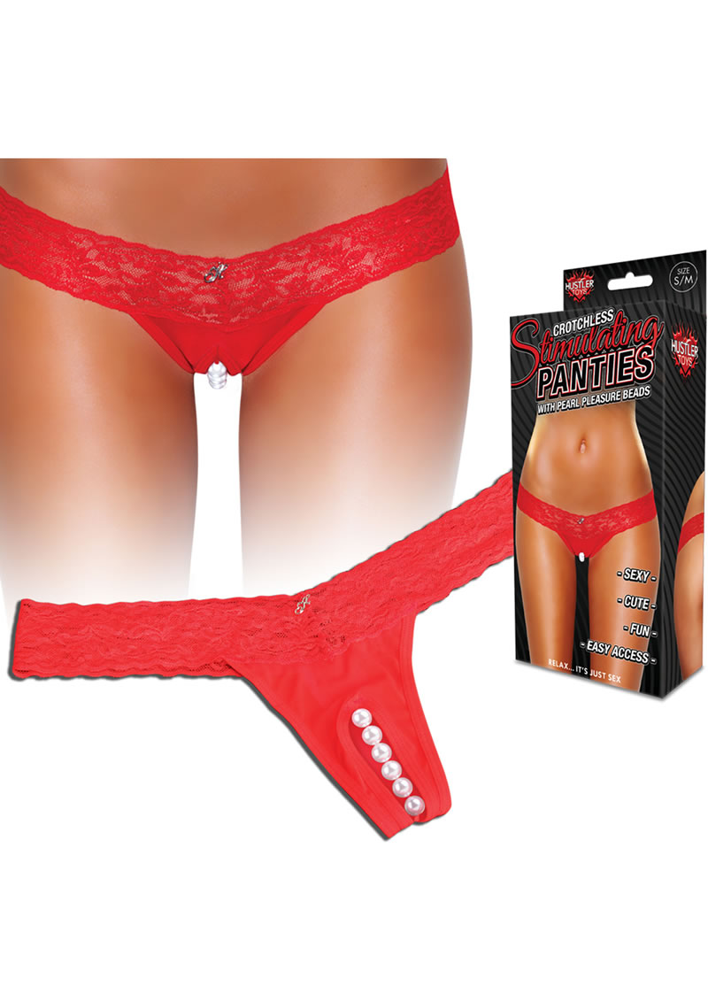 Hustler Toys Crotchless Stimulating Panties Thong With Pearl Pleasure Beads Red Small/Medium