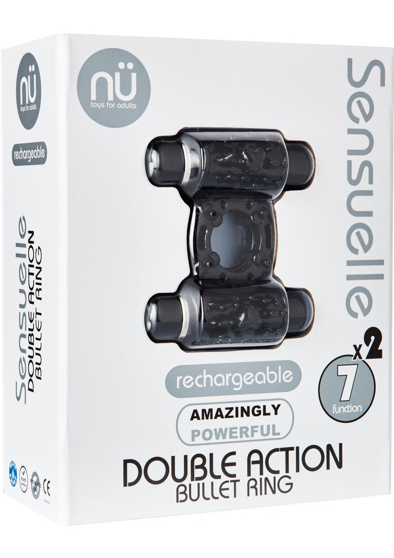 Double Action Bullet C Ring 7 Function Silicone Rechargeable Waterproof Black