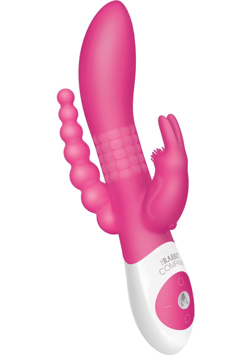 The Beaded DP Rabbit USB Rechargeable Clitoral And Anal Stimulation Silicone Vibrator Splashproof Hot Pink