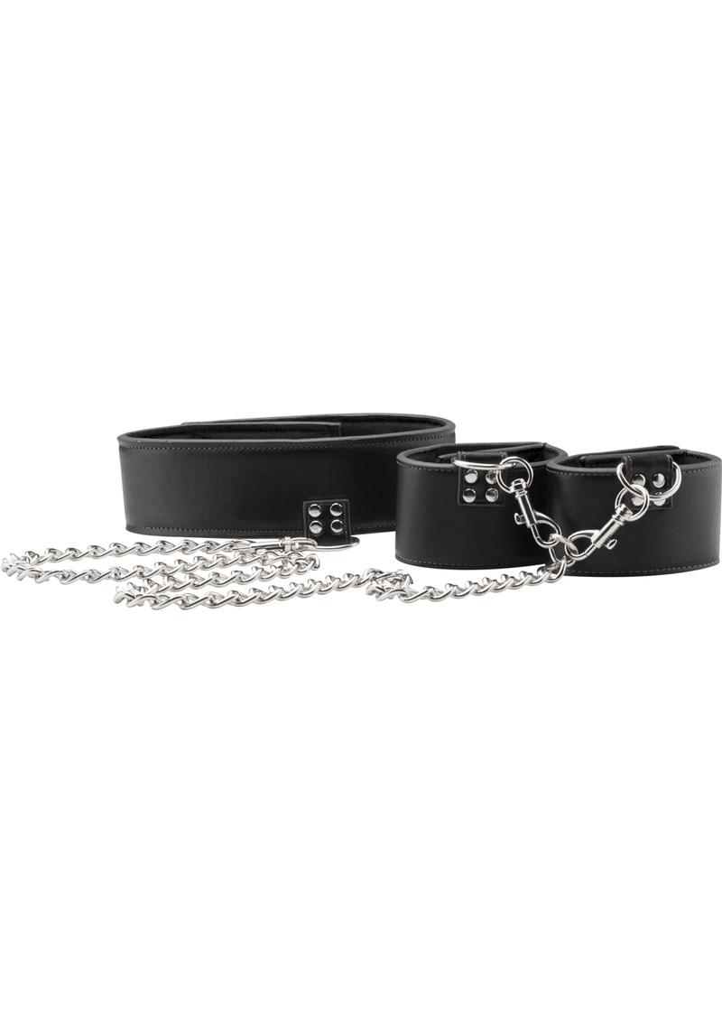 Ouch! Leather Reversible Collar And Leather Wrist Cuffs Black