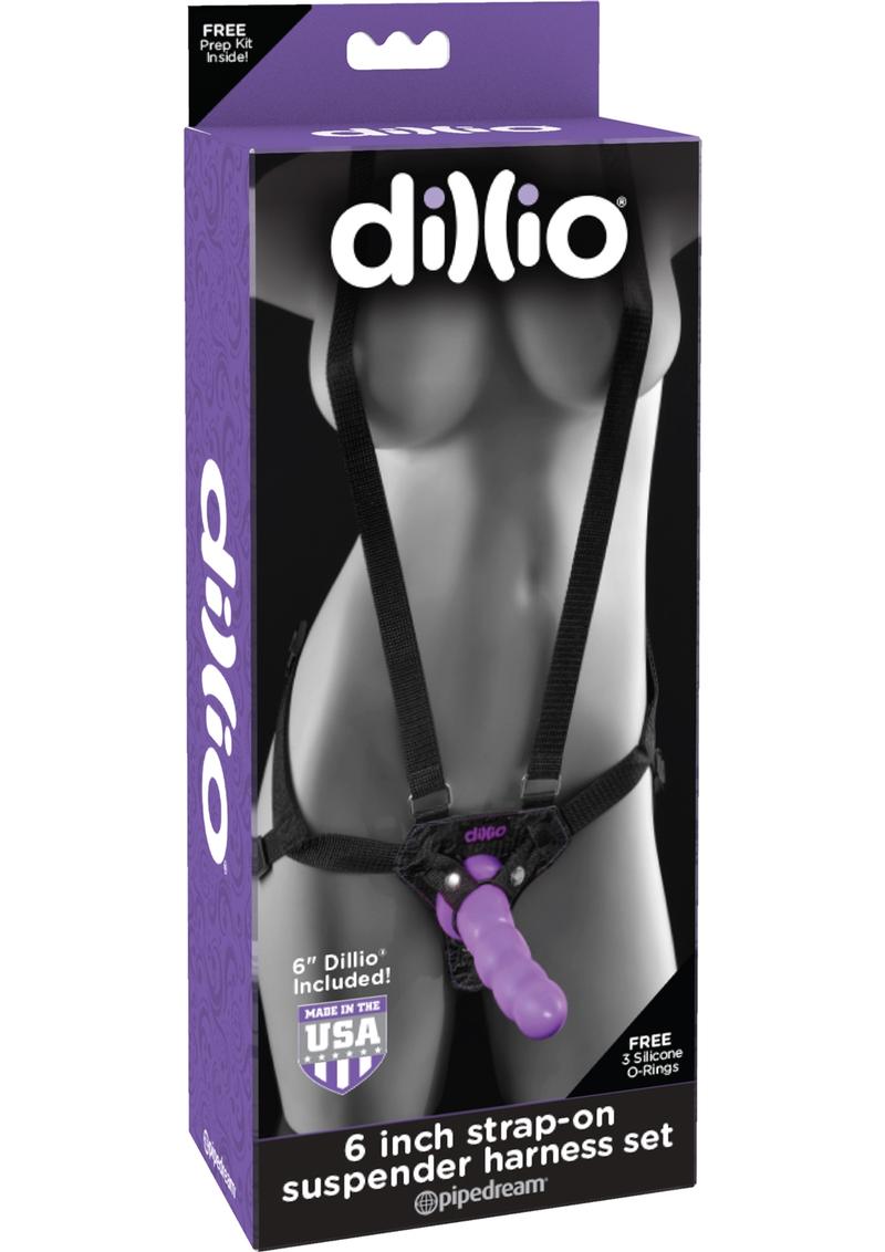 Dillio Strap-On Suspender Harness Set Black With Silicone Dong Purple 6 Inch