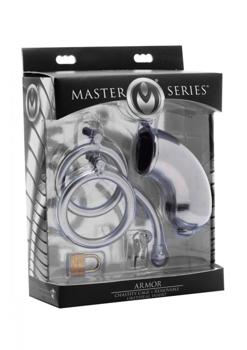 Master Series Armor Chastity Cage And Removable Urethral Insert Stainless Steel