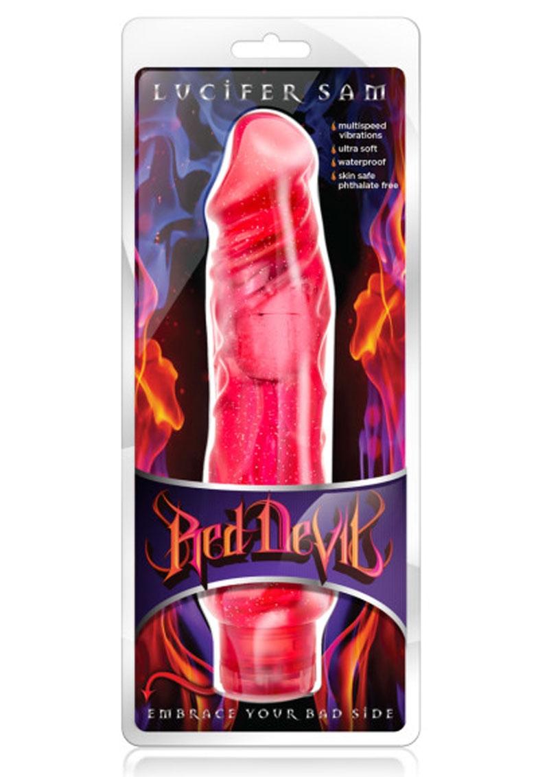 Red Devil Lucifer Sam Vibrating Jelly Dildo Waterproof Cherry Red 9 Inch