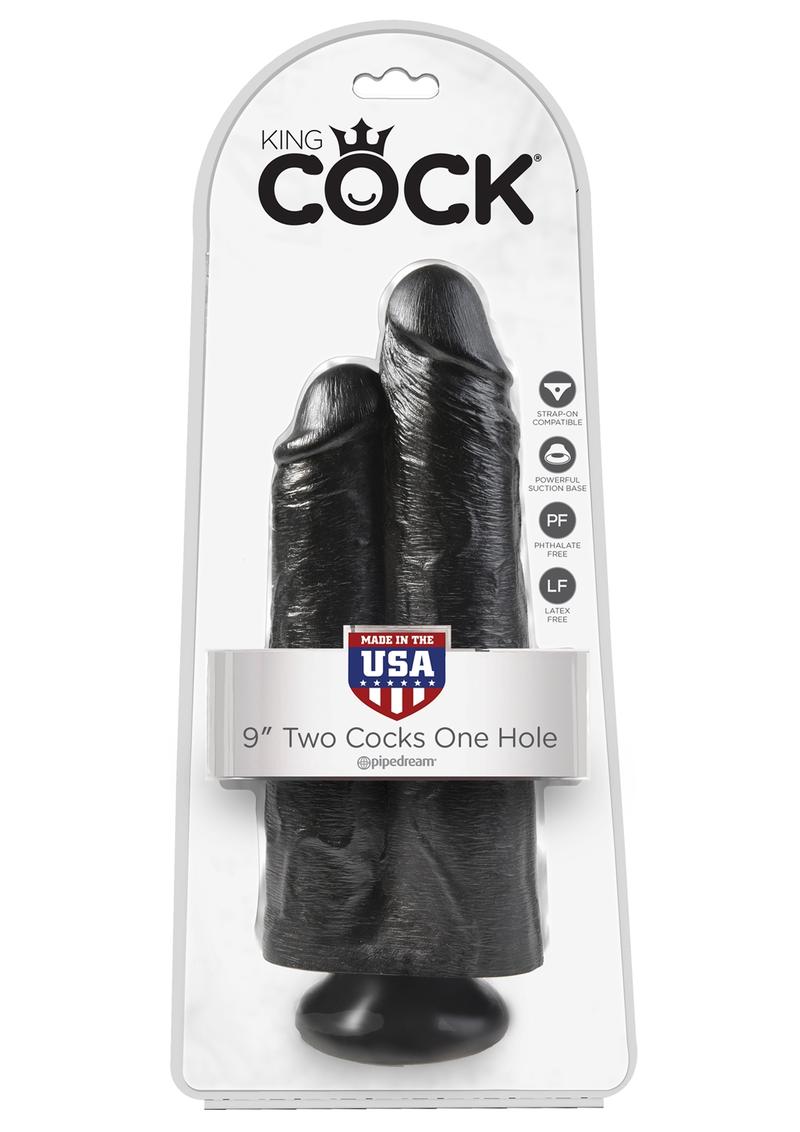 King Cock 9 Inch Two Cocks One Hole Black