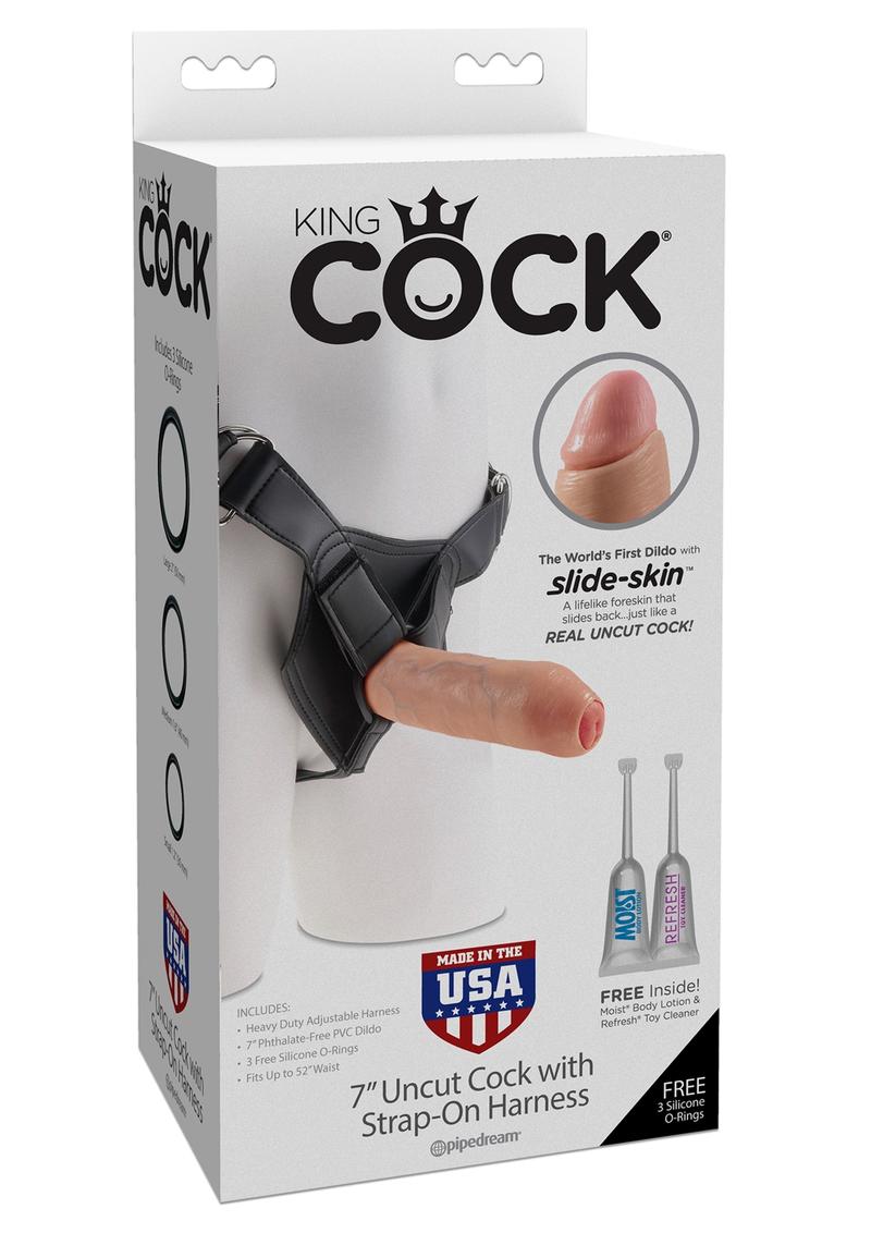 King Cock Uncut Cock Dildo With Strap On Harness Flesh 7 Inch
