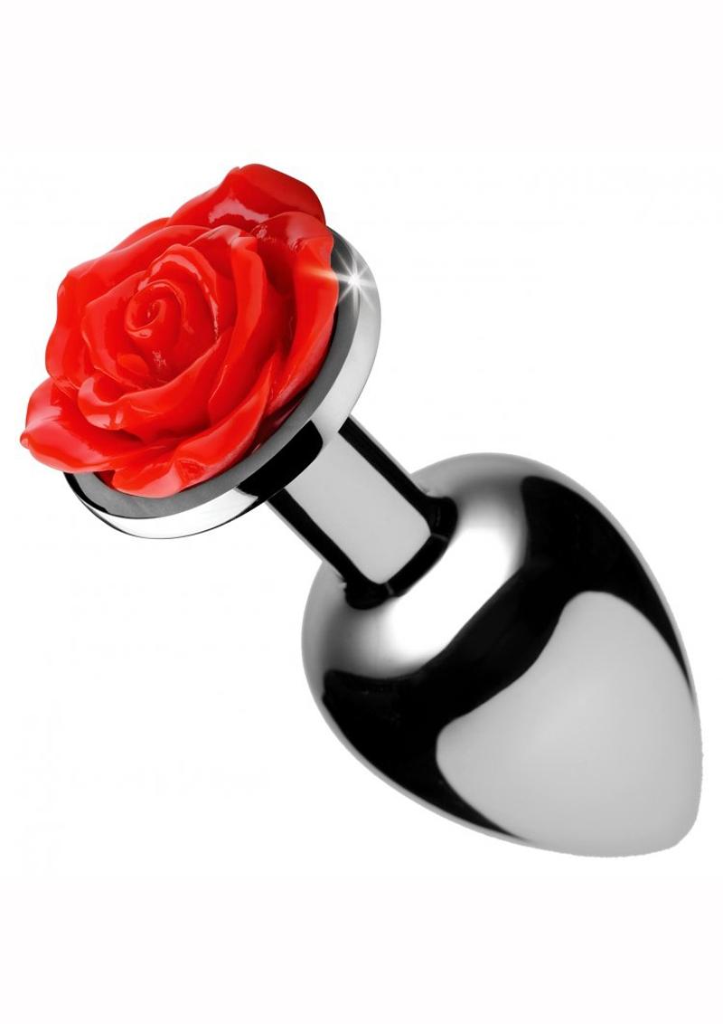 Booty Sparks Red Rose Medium Anal Plug Silver and Red 2.5 Inches