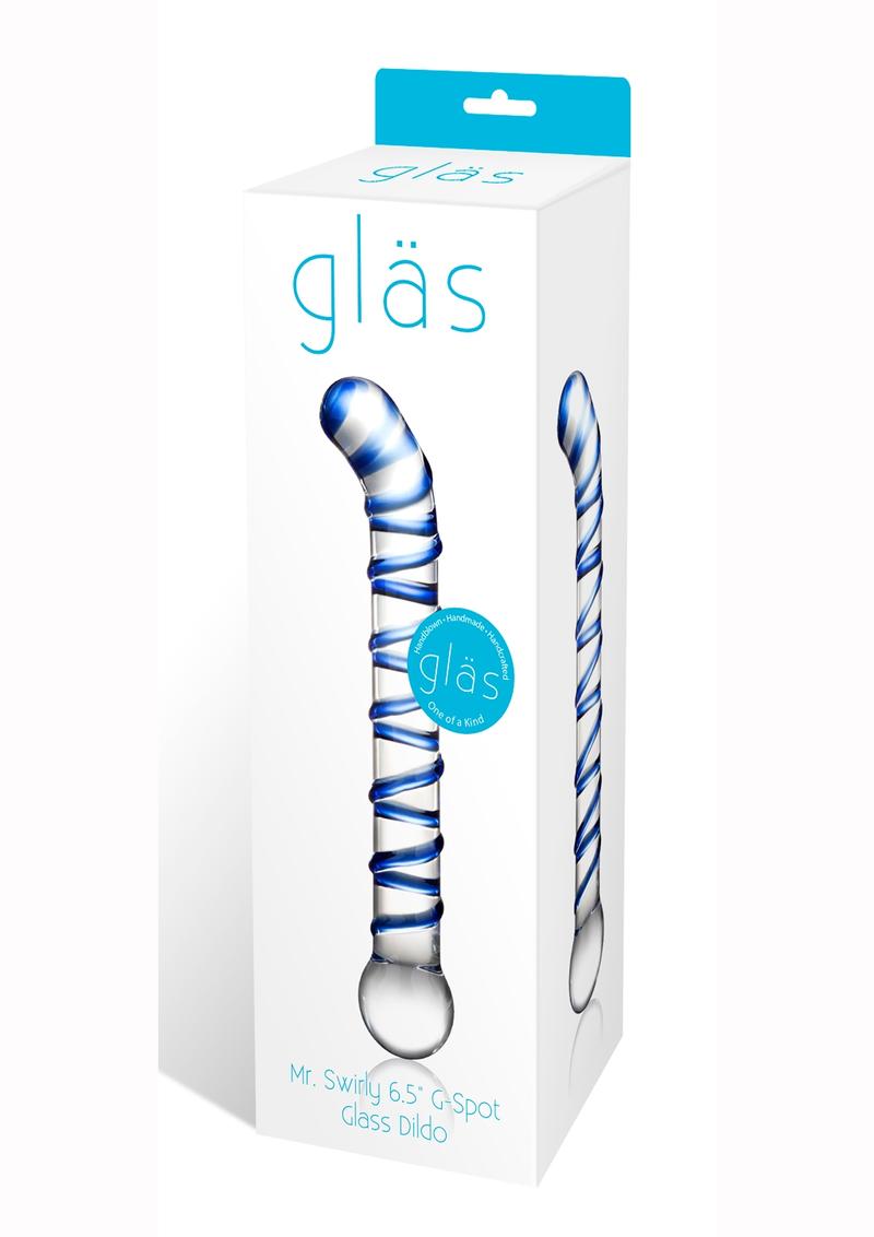 Glass Mr. Swirly G-Spot Glass Dildo Clear and Blue 6.5 Inches