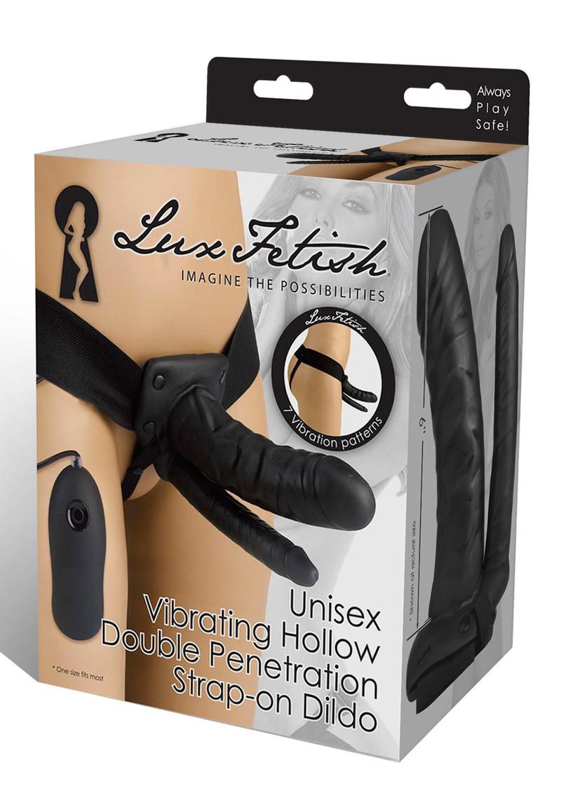 Lux Fetish Unisex Vibrating Hollow Double Penetration Strap-On Dildo With Wired Remote Control Black 9 Inch