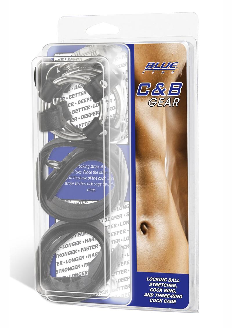 Blue Line C and B Gear Locking Ball Stretcher Cock Ring And Three-Ring Cock Cage Metal And Black