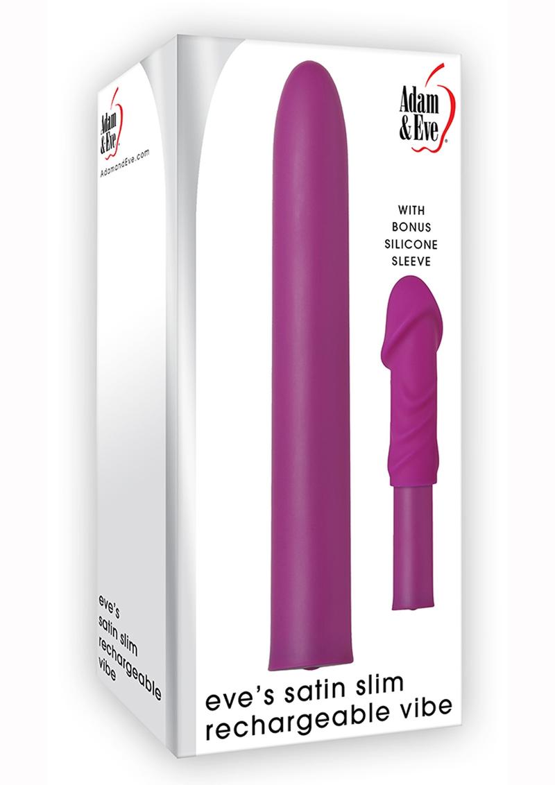 Adam and Eve Satin Slim USB Rechargeable Vibe With Silicone Sleeve Waterproof Purple 5.75 Inches