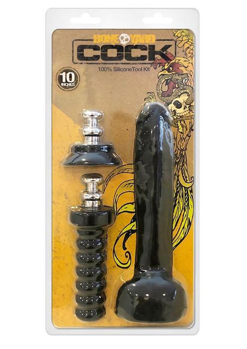 Bone Yard Cock Dildo With Silicone Handle or Suction Cup Base Attachment Black 10 Inches
