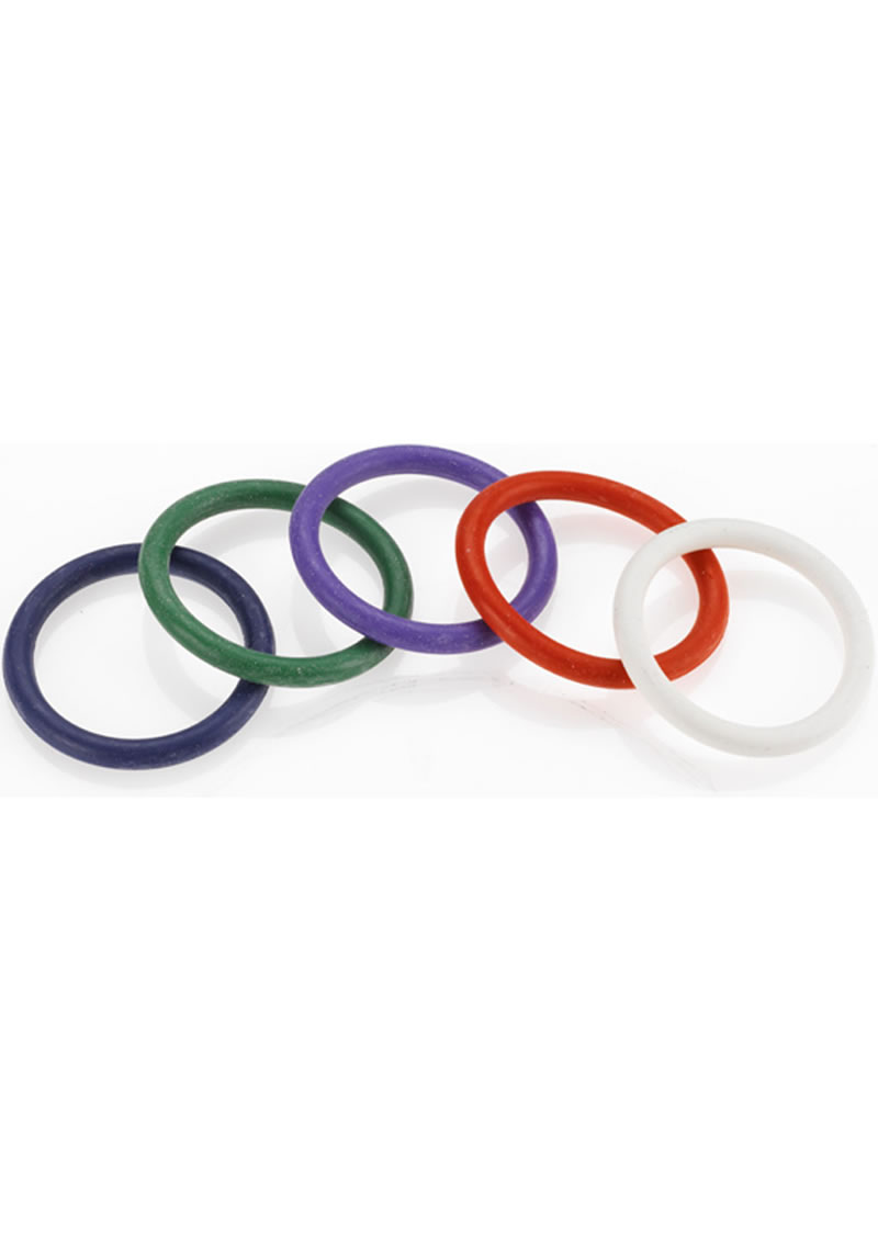 Rubber Cock Ring 5 Per Set 1.5 Inch Rainbow