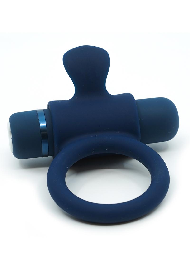 Silicone Bullet Ring With Clit Stimulator USB Rechargeable Multi Speed Navy Blue