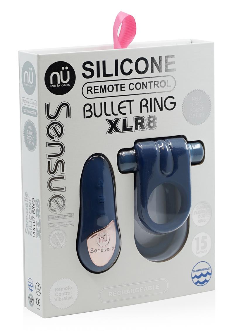 Nu Sensuelle Silicone Bullet Ring XLR8 Rechargeable Vibrating Cock Ring with Remote Control - Blue