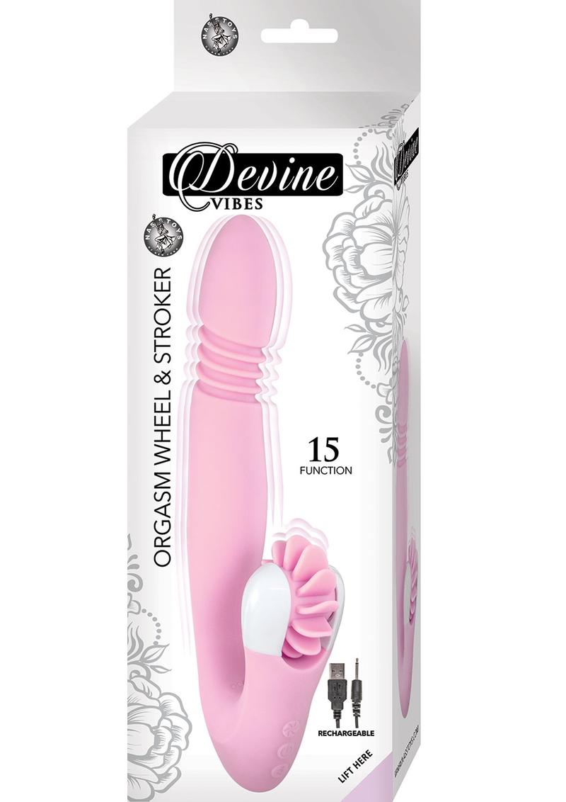 Devine Vibes Orgasm Wheel and Stroker USB Rechargeable Silicone Dual Vibe Waterproof Pink 9.5 Inches