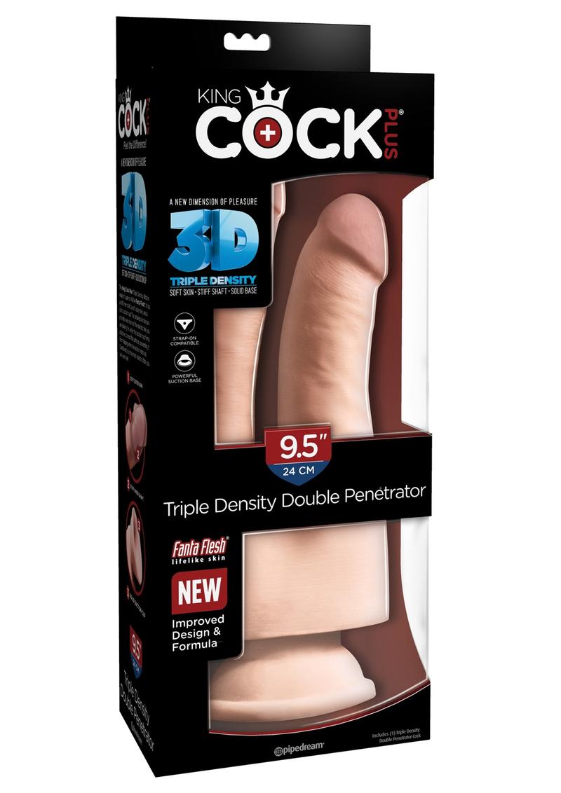King Cock Plus 9.5 Inch Triple Density Double Penetrator Cock Strap On Compatible Non Vibrating Suction Cup Base Flesh