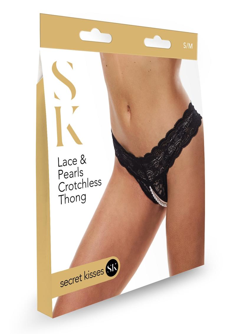 Secret Kisses Lace and Pearls Crotchless Thong Small-Medium Black