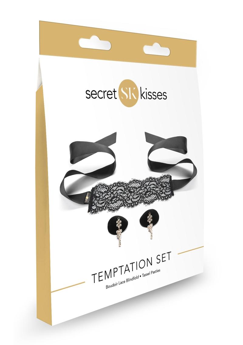 Secret Kisses Temptation Set Boudor Lace blindfold and Tassel Pasties Black