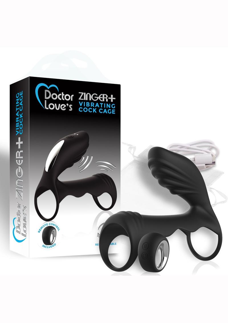 Doctor Loves Zinger Plus Vibrating Cock Cage With Wireless Remote Waterproof Silicone Rechargeable Black