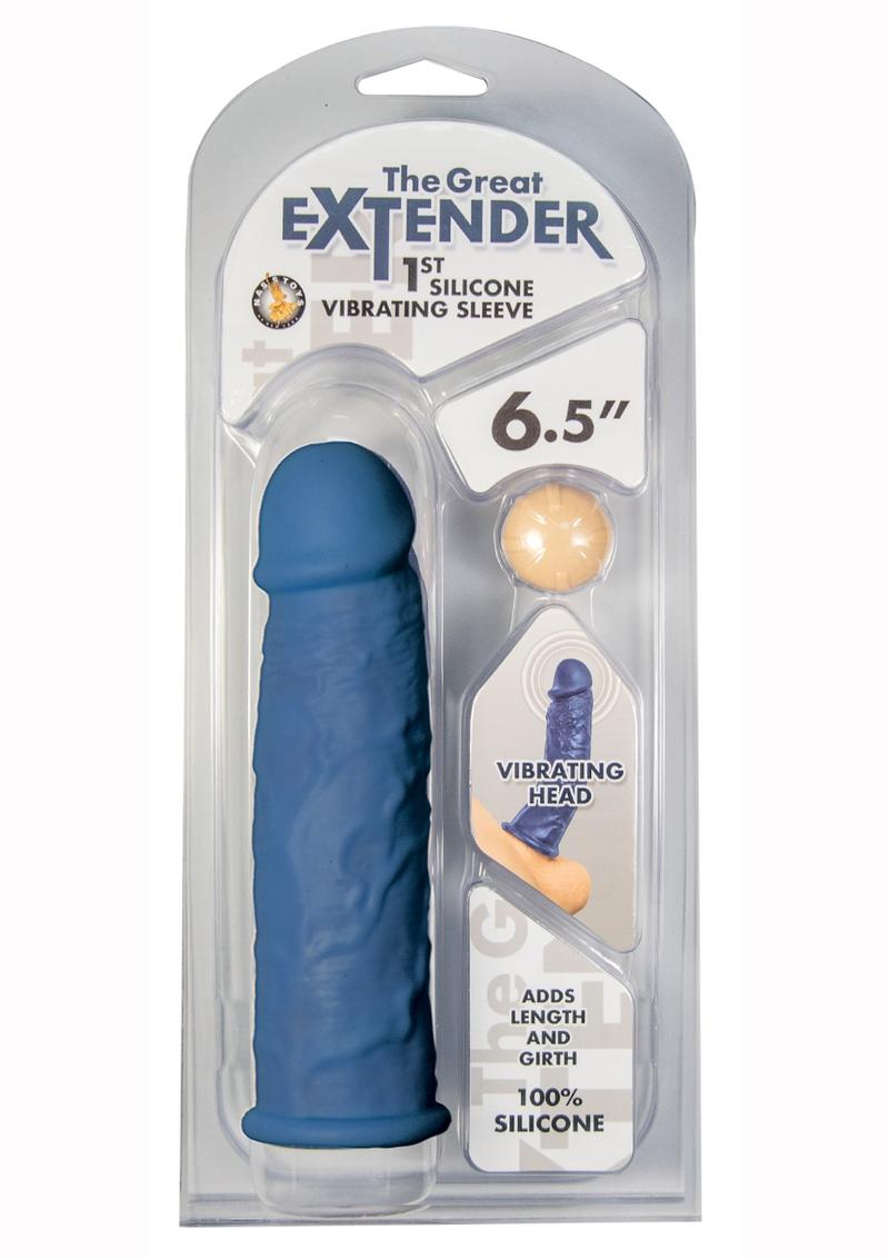 The Great Extender Silicone Vibrating Penis Sleeve 6.5in -  Blue