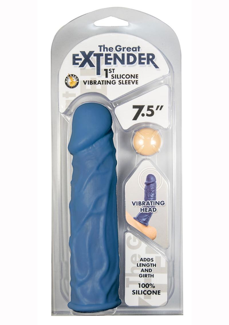 The Great Extender Silicone Vibrating Penis Sleeve 7.5in - Blue