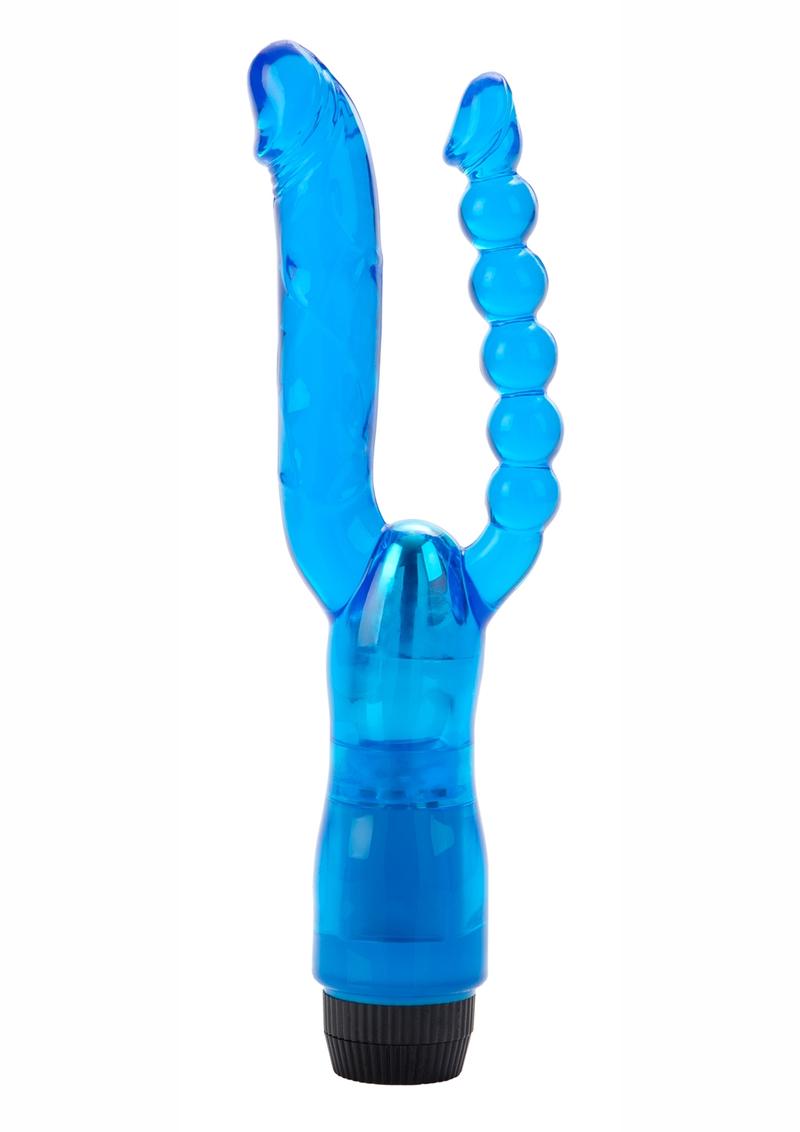 CRYSTALESSENCE DUAL PENETRATOR VIBRATOR WITH PLIABLE PENIS AND ANAL BEADS 5 INCH BLUE