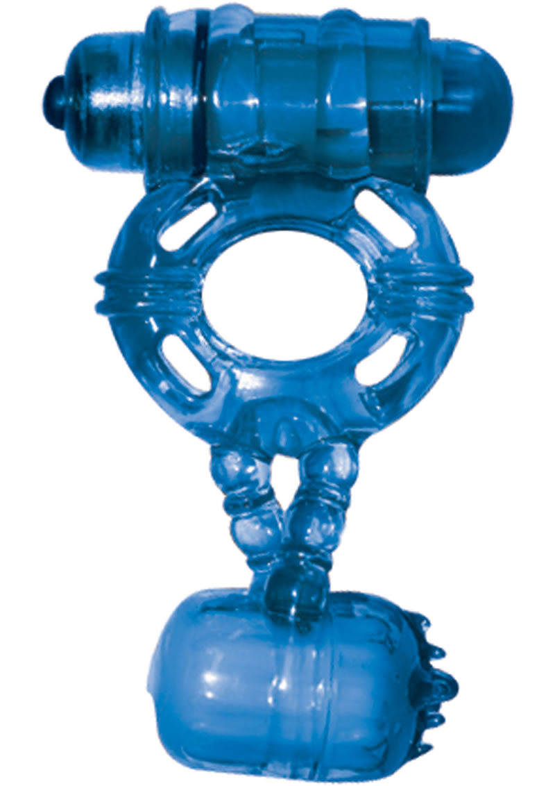 The Macho Double Cock And Balls Silicone Cock Ring - Blue