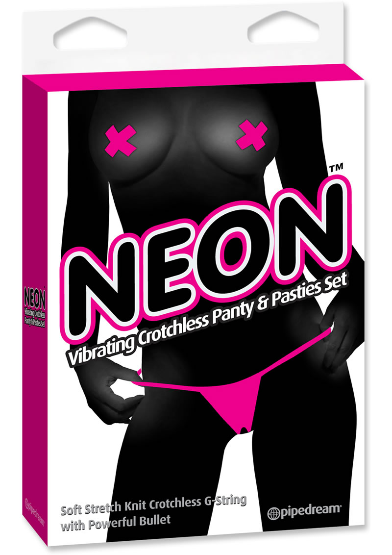 Neon Vibrating Crotchless G-String Panty And Pasties Set - OS - Pink