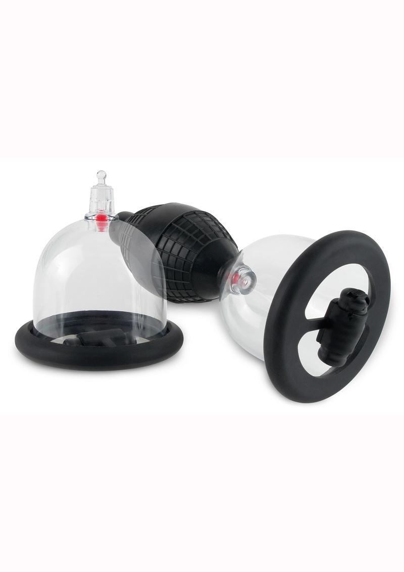 Fetish Fantasy Series Vibrating Nipple Silicone Pleasure Cups With Pump - Clear And Black