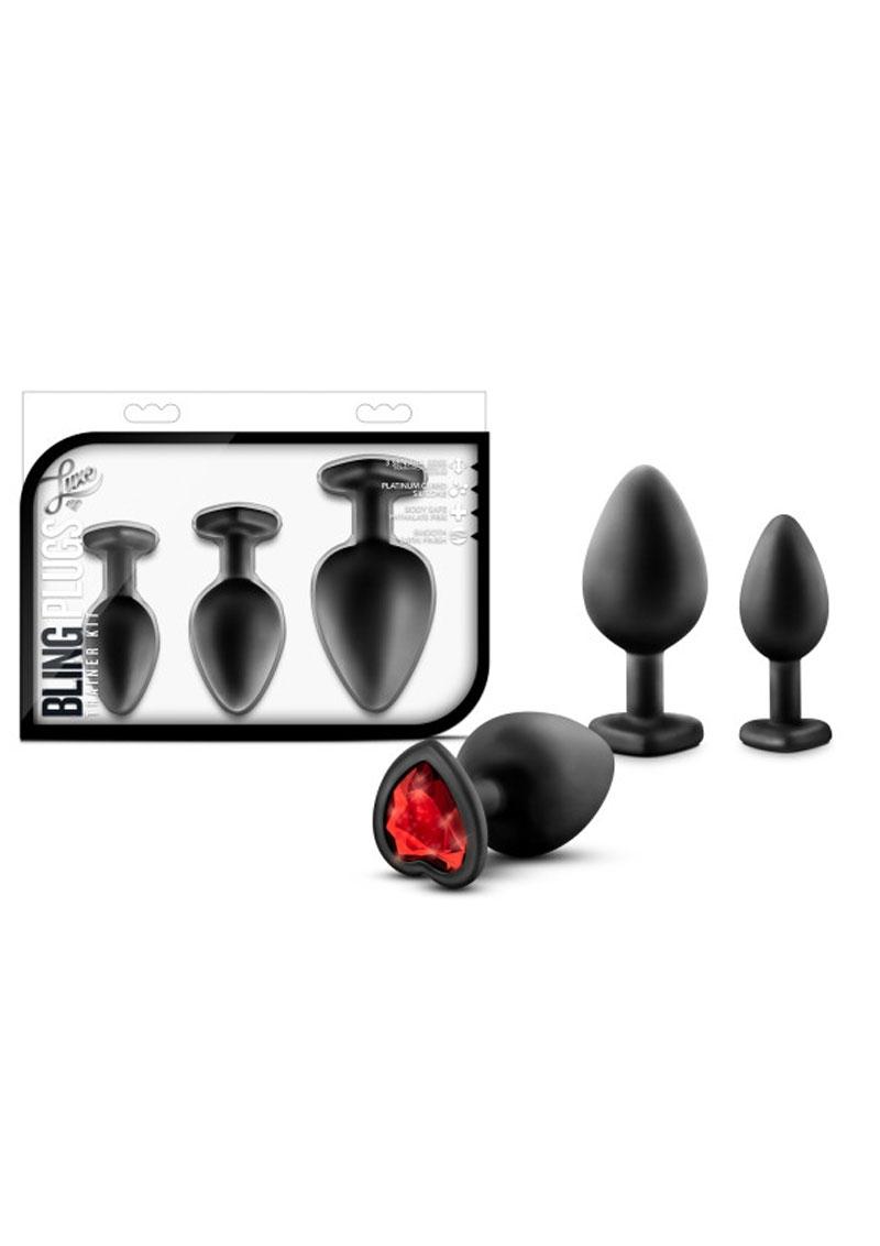 Luxe Bling Butt Plugs Silicone Training Kit with Red Gems (3 Size Kit) - Black
