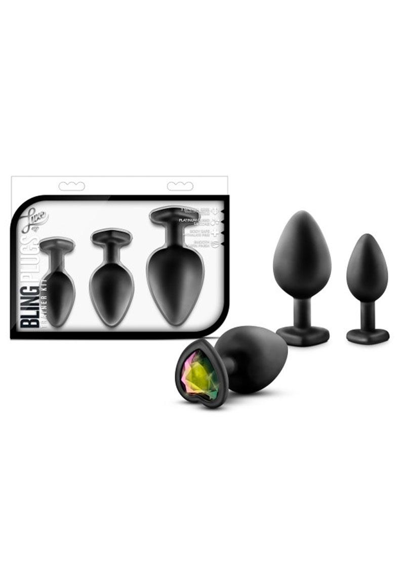 Luxe Bling Butt Plugs Silicone Training Kit with Rainbow Gems (3 Size Kit) - Black