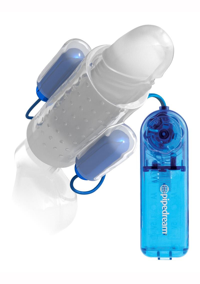 Classix Dual Vibrating Textured Penis Sleeve With Remote Control - Blue And Clear