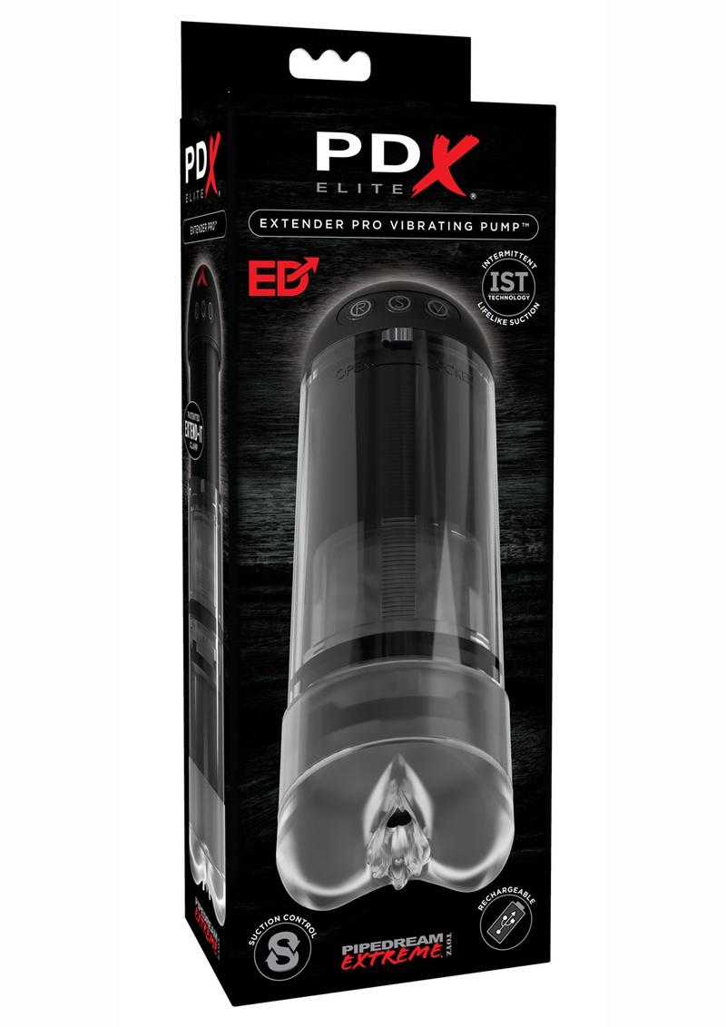 Pipedream Extreme Elite Rechargable Extender Pro Vibrating Pump Masturbator - Pussy - Clear/Black