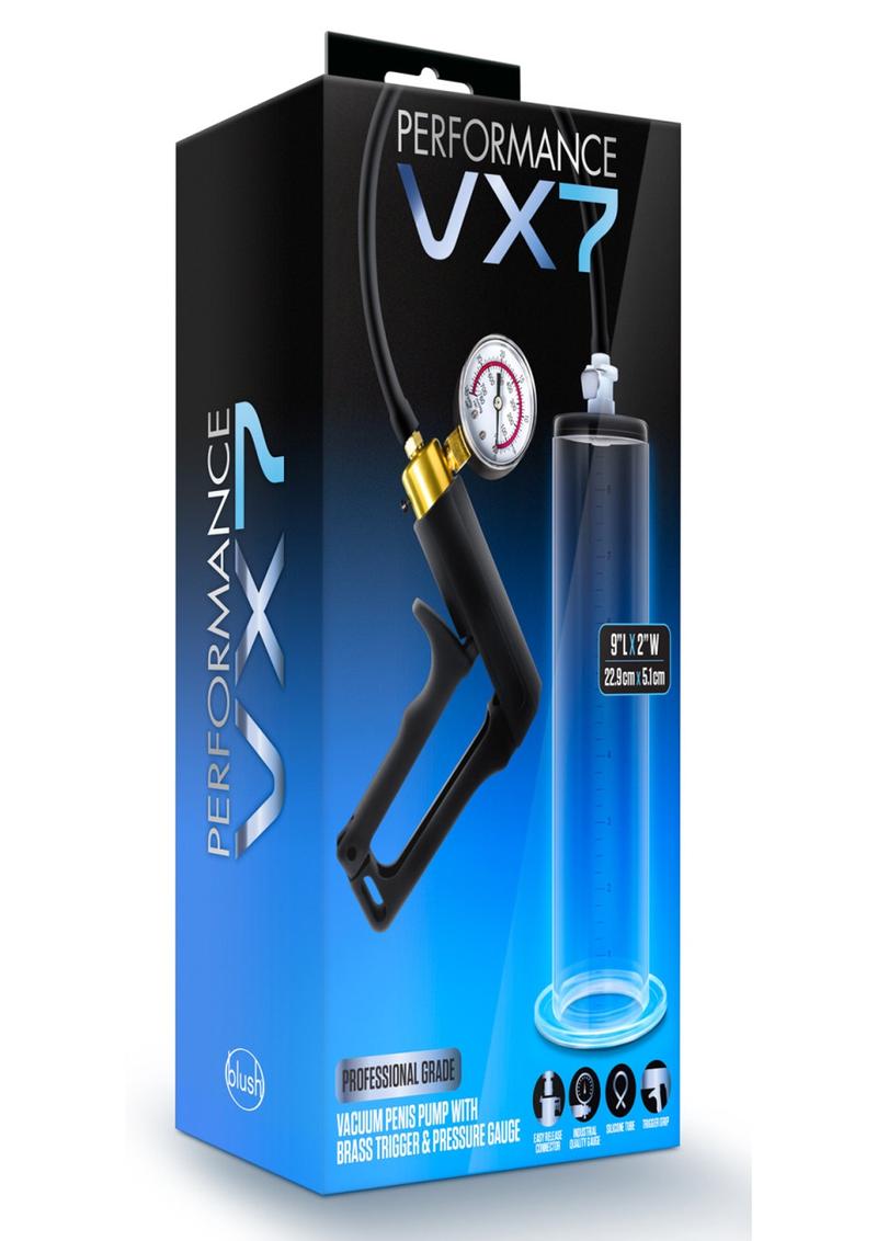 Performance VX7 Vacuum Penis Pump with Brass Trigger and Pressure Gauge 9.5in - Clear