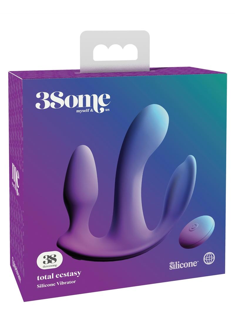 Threesome Total Ecstasy Silicone Vibrator Multi Function  USB Rechargeable  Wireless Remote Splashproof  Purple