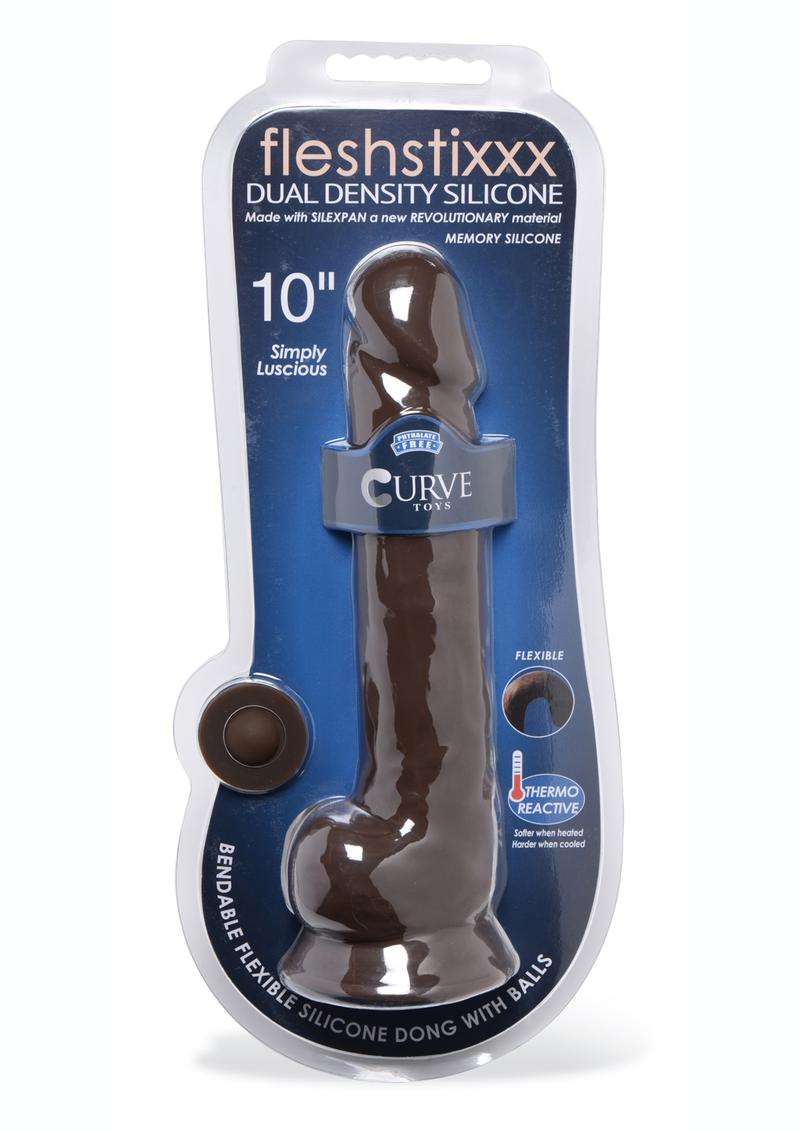 FlexhStixxx Dual Density Silicone Bendable Dong With Balls 10 in - Chocolate