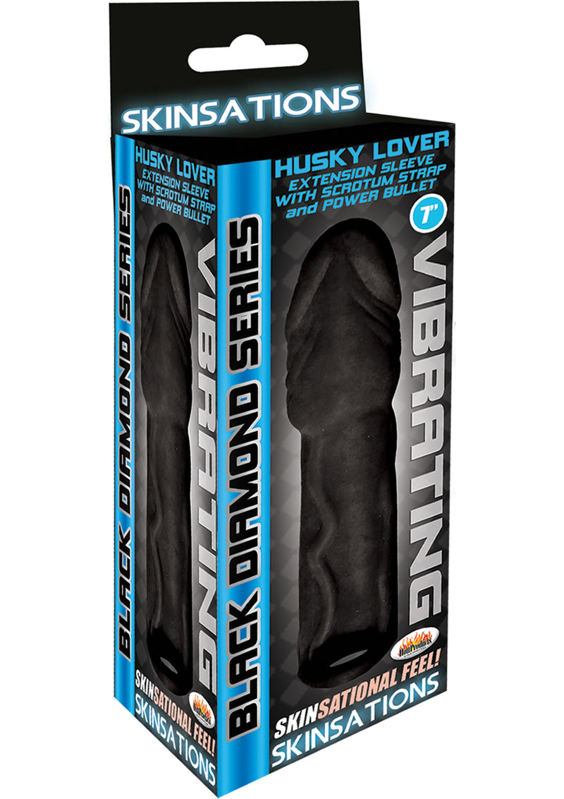 Skinsations Black Diamond Series Husky Lover Vibe Extension Sleeve With Scrotum Strap Black 7 Inch