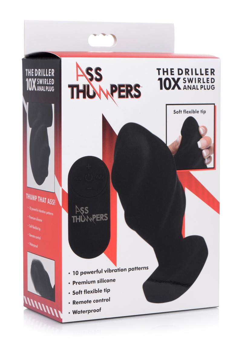 Ass Thumpers The Driller 10X Vibrating Swirled Silicone Anal Plug - Black **Special Order**