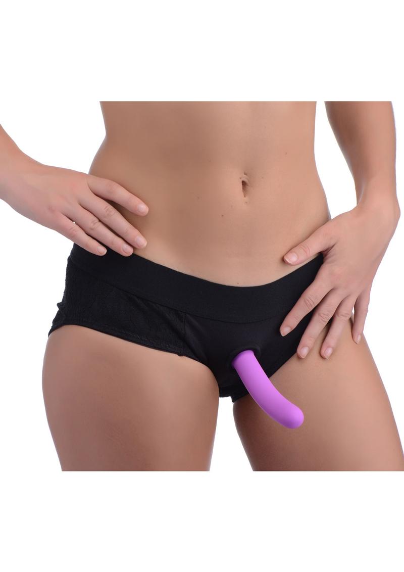 Strap U Lace Envy Pegging Set Crotchless Panty Harness andamp; Dildo 5in - L/XL - Black