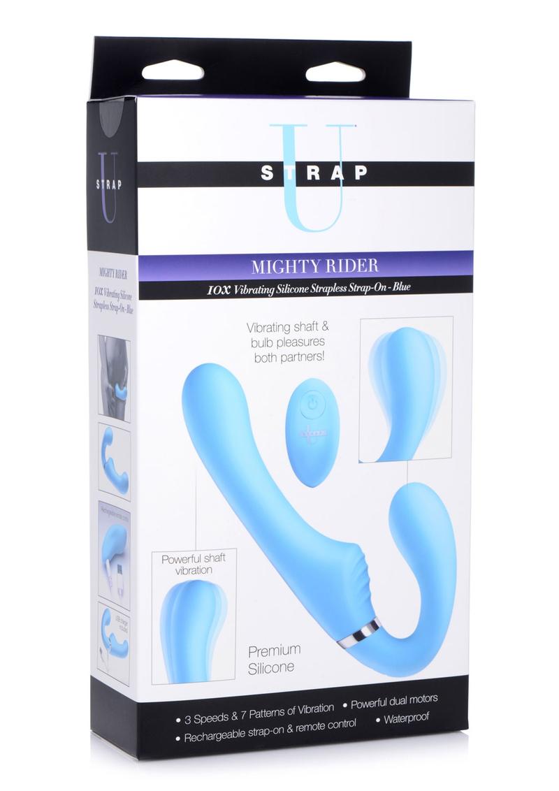 Strap U Mighty Rider 10x Silicone Rechargeable Strapless Strap-On - Blue