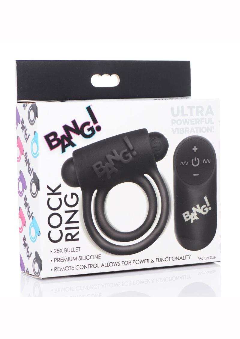 Bang! Silicone Rechargeable Cock Ring And Bullet With Remote Control - Black