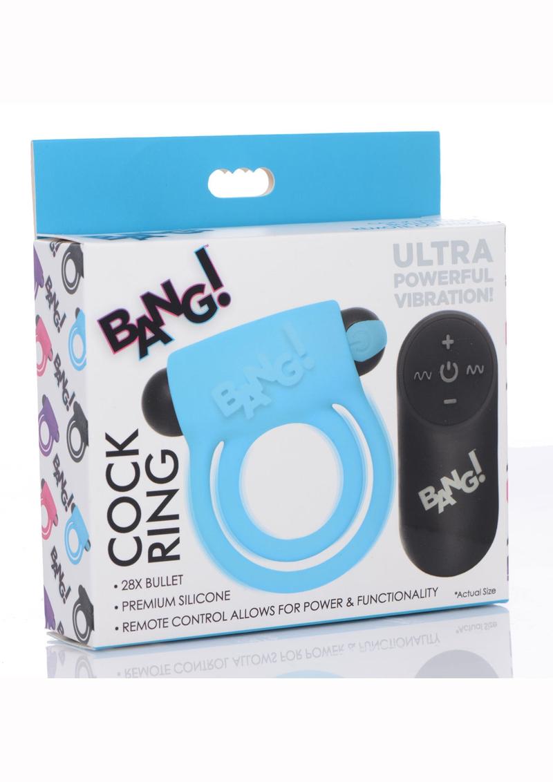 Bang! Silicone Rechargeable Cock Ring And Bullet With Remote Control - Blue