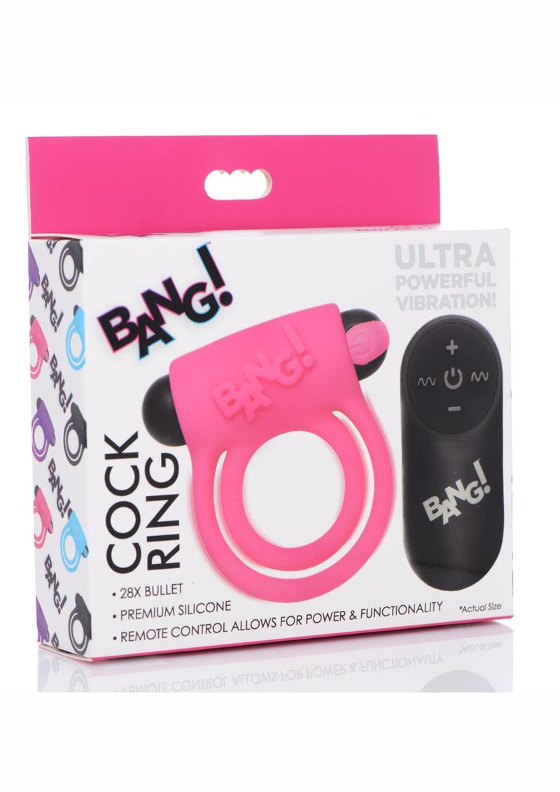 Bang! Silicone Rechargeable Cock Ring And Bullet With Remote Control - Pink