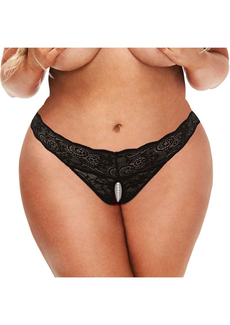 Secret Kisses Lace andamp; Pearl Crotchless Thong - Queen - Black