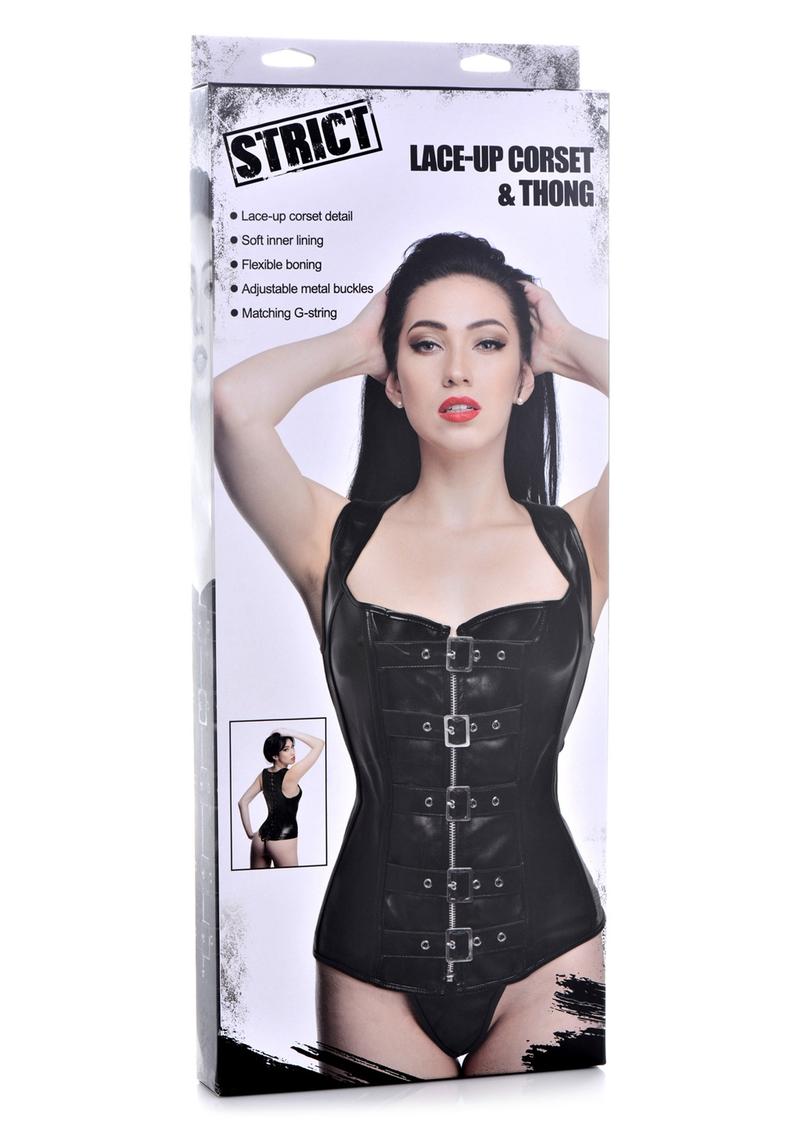 Strict Lace-Up Corset Vest andamp; Thong - Xtra Large - Black