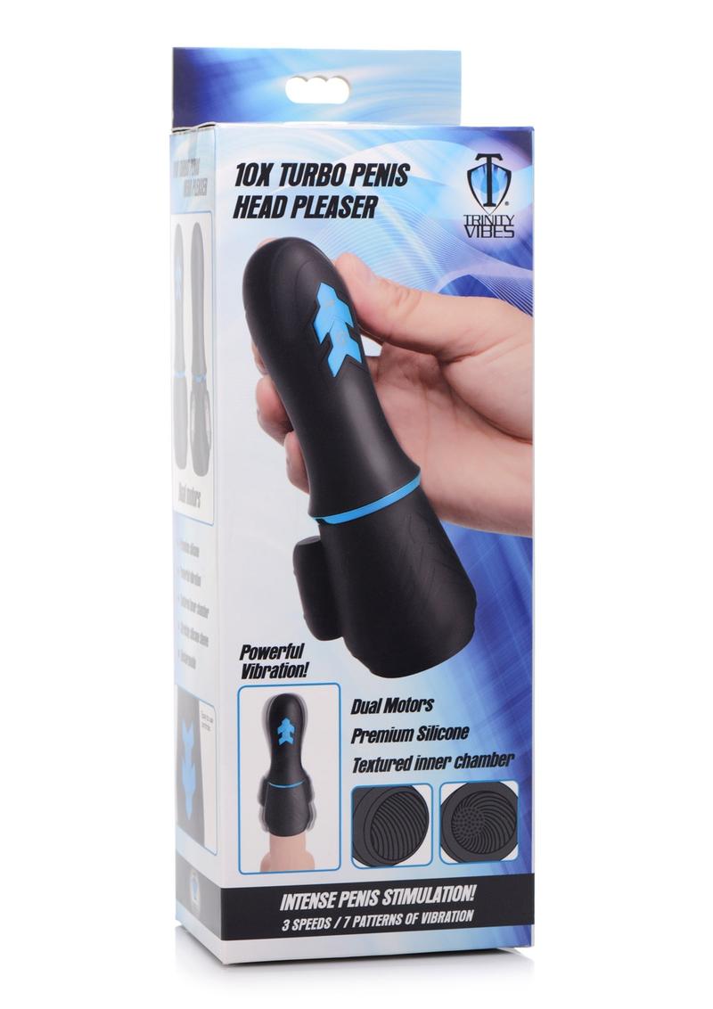 Trinity for Men 10X Turbo Silicone Rechargeable Penis Head Pleaser - Black/Blue