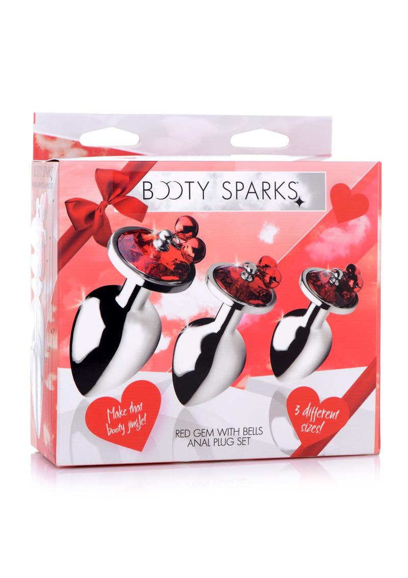 Booty Sparks Red Gem With Bells Anal Plug Set (3 Pieces) - Red